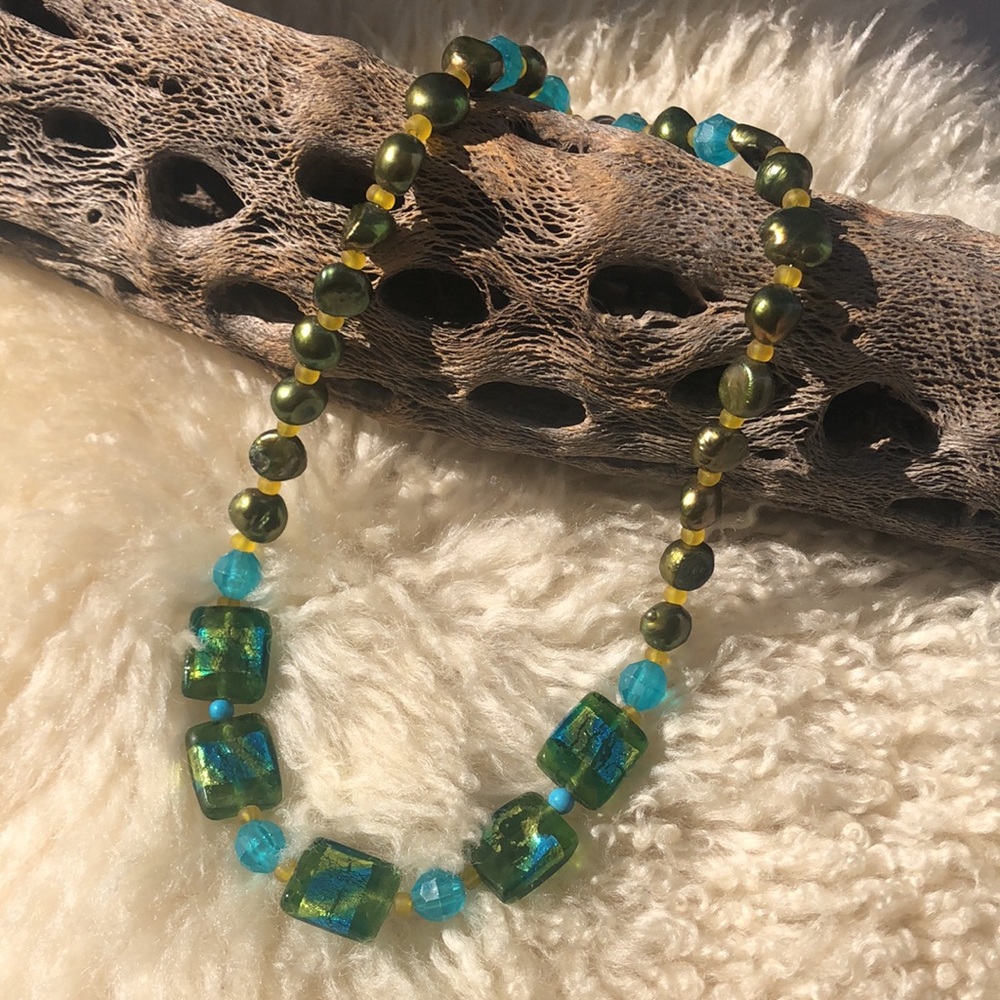 Green Glass & Pearl Necklace